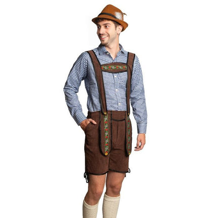 Lederhose Donkerbruin Kort + Blouse Blauw van Partychimp koop je bij Partywinkel