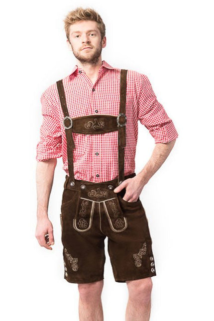 Lederhose Leer Kort Donkerbruin en Bretels van Tannhauser koop je bij Partywinkel
