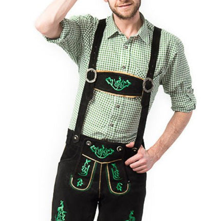 Lederhose Leer Kort Zwart Gestikt en Bretels van Tannhauser koop je bij Partywinkel