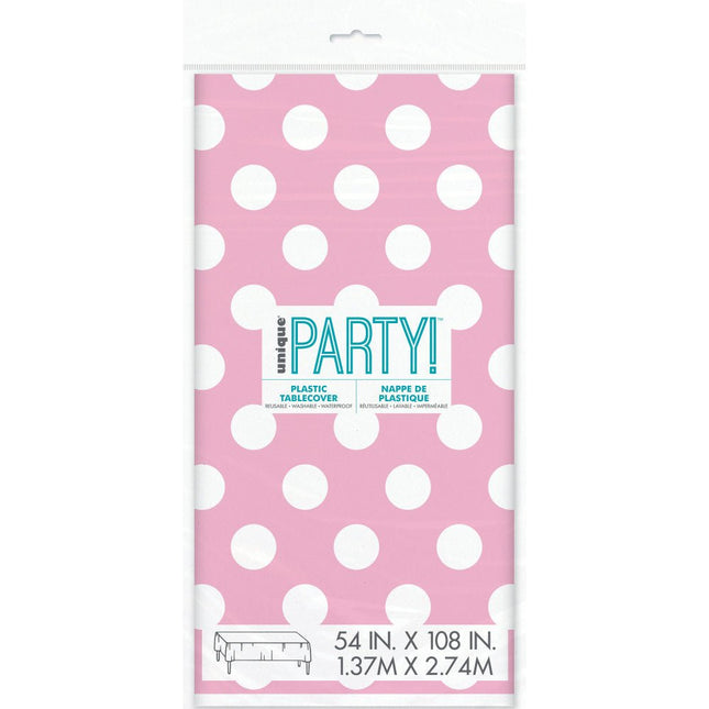 Lichtroze Tafelkleed Witte Stippen 2,74m van Unique koop je bij Partywinkel