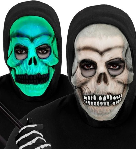 MASKER SCHEDEL MET KAP - LATEX GLOW IN THE DARK van Widmann koop je bij Partywinkel