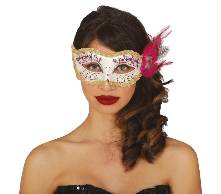 Masker Wit Roze Veren van Fiestas Guirca koop je bij Partywinkel