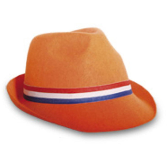Oranje Trilby Hoed met rood - wit - blauwe band van Folat koop je bij Partywinkel