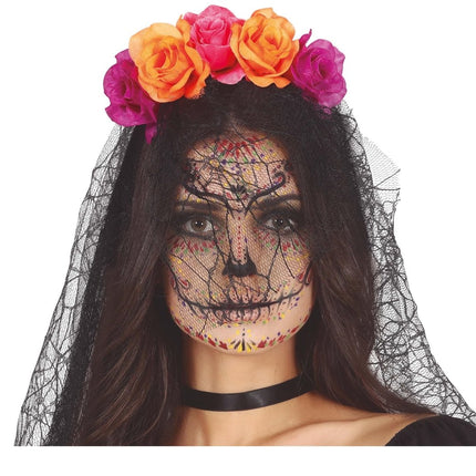 Paars Oranje Haarband Met Sluier van Fiestas Guirca koop je bij Partywinkel