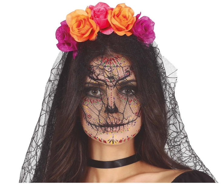 Paars Oranje Haarband Met Sluier van Fiestas Guirca koop je bij Partywinkel