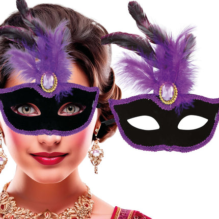 Paars Zwarte Oogmasker Veren van Fiestas Guirca koop je bij Partywinkel