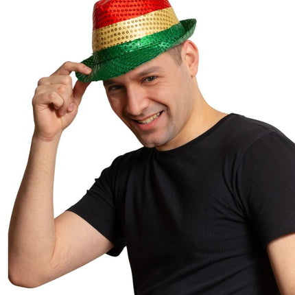 Pailletten Hoedje Rood/Geel/Groen van Partychimp koop je bij Partywinkel