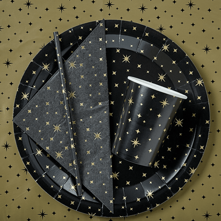 Papieren Rietjes Gouden Sterren Zwart 20cm 8st van Paper Dreams koop je bij Partywinkel