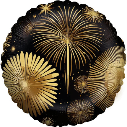 Globo de helio de Año Nuevo, negro y dorado, con motivos de fuegos artificiales, vacío, 45 cm