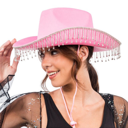 Sombrero de vaquero rosa con pedrería colgante, talla única