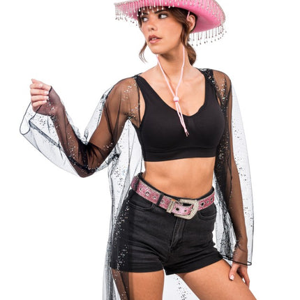 Sombrero de vaquero rosa con pedrería colgante, talla única