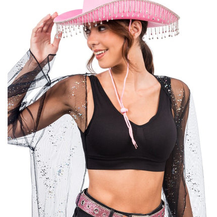 Sombrero de vaquero rosa con pedrería colgante, talla única