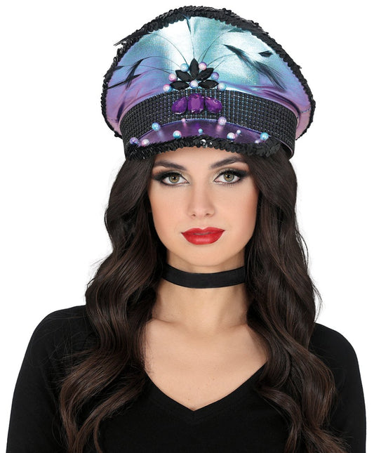 Police purple hat with feathers, adult van Fiestas Guirca koop je bij Partywinkel