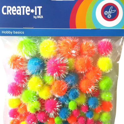 Pompoms Glitter Neon Mix 75st van Haza Witbaard koop je bij Partywinkel