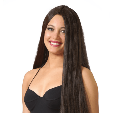 Pruik Lang Haar Donkerbruin Stijl van Fiestas Guirca koop je bij Partywinkel