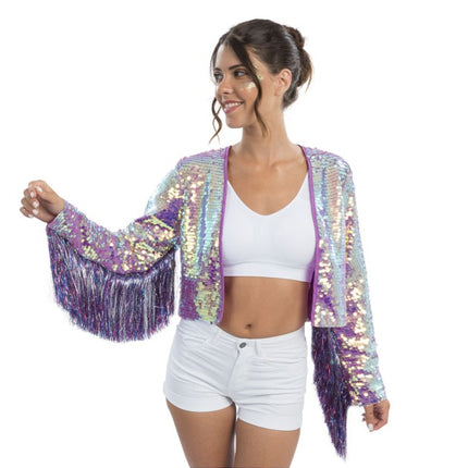 Chaqueta de lentejuelas iridiscentes moradas para mujer