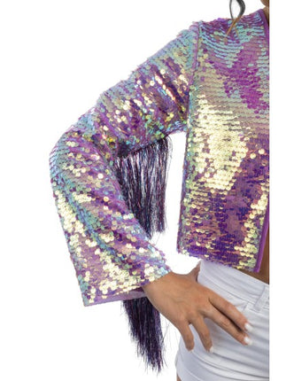 Chaqueta de lentejuelas iridiscentes moradas para mujer