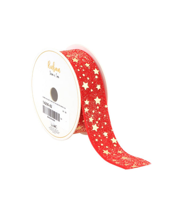 CINTA TERCIOPELO POLVO DE ESTRELLAS ROJO/ORO 25 MM X 3 M