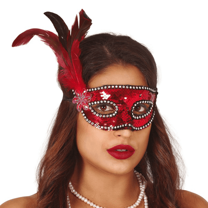 Rood Masker Veren Pailletten van Fiestas Guirca koop je bij Partywinkel