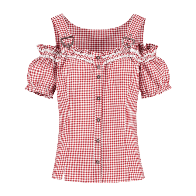 Rood Witte Blouse Dames Geruit Met Gespen van Haus Huberts koop je bij Partywinkel