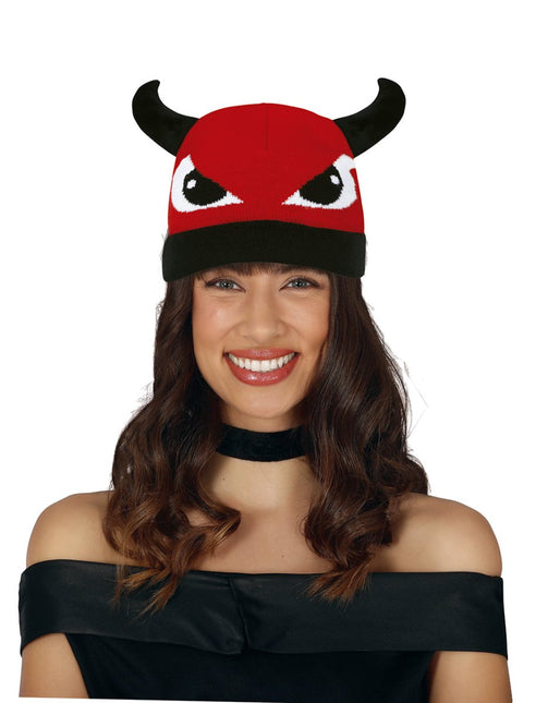 Rood Zwarte Muts Duivel Met Ogen van Fiestas Guirca koop je bij Partywinkel