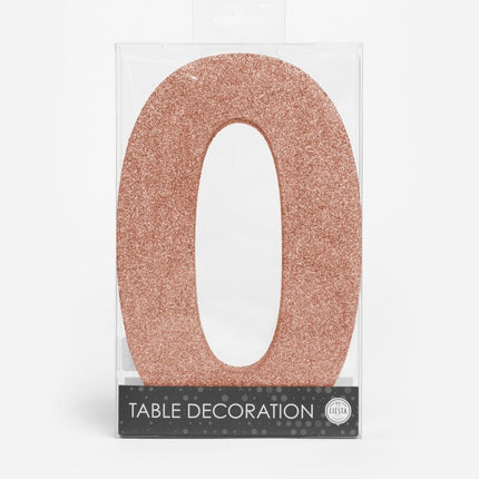 Rose Goud Tafeldecoratie Cijfer 0 Glitter 20,5cm van WeFiesta koop je bij Partywinkel