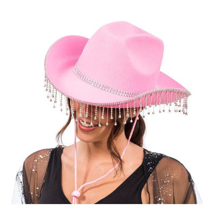 Roze Cowboyhoed met Hangende Strass One Size van CHAKS koop je bij Partywinkel