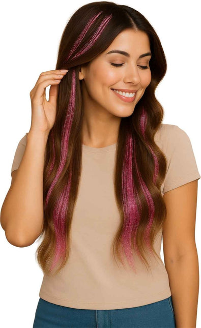 Roze Hair Extension Glitters 50cm 3st van Fiestas Guirca koop je bij Partywinkel