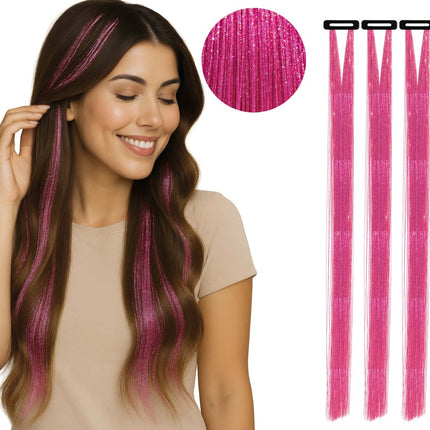 Roze Hair Extension Glitters 50cm 3st van Fiestas Guirca koop je bij Partywinkel