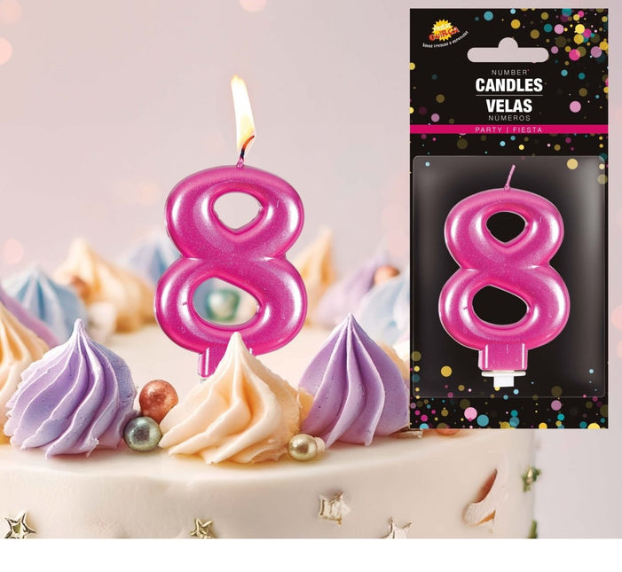 Roze Kaars 8 Jaar Metallic 8cm van Fiestas Guirca koop je bij Partywinkel