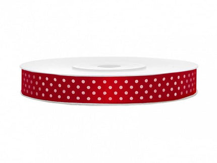 Satijn Lint Rood Stip 12mm 25m van Partydeco koop je bij Partywinkel