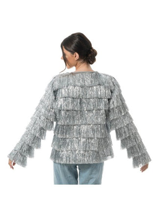 Chaqueta plateada con lamé y flecos para mujer