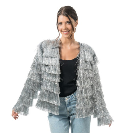 Chaqueta plateada con lamé y flecos para mujer