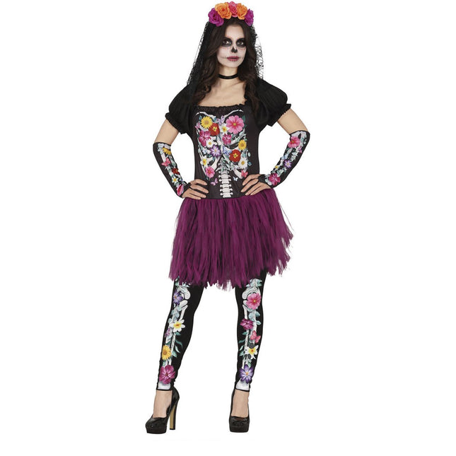 Skelet Halloween Kostuum Dames tutu bloemen van Fiestas Guirca koop je bij Partywinkel