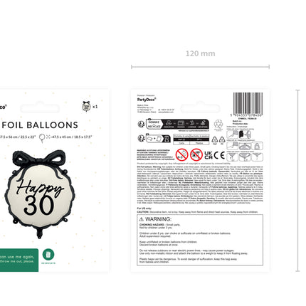 30 Años Globo de Helio Negro Blanco 53cm