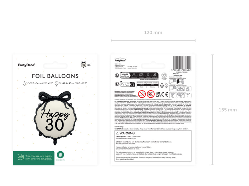 30 Años Globo de Helio Negro Blanco 53cm