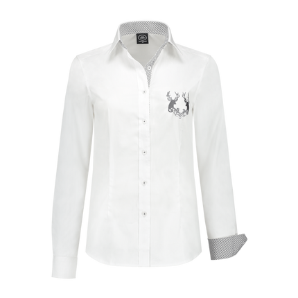 Damesblouse wit, grijs karo, hert borduur op borst