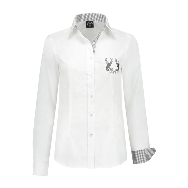 Blusa de mujer blanca, karo gris, bordado de ciervo en el pecho