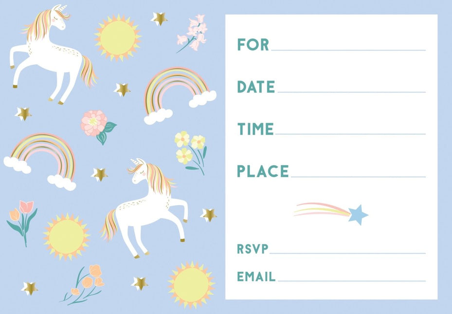 Unicorn Uitnodigingen Blauw/Goud 8st van Unique koop je bij Partywinkel