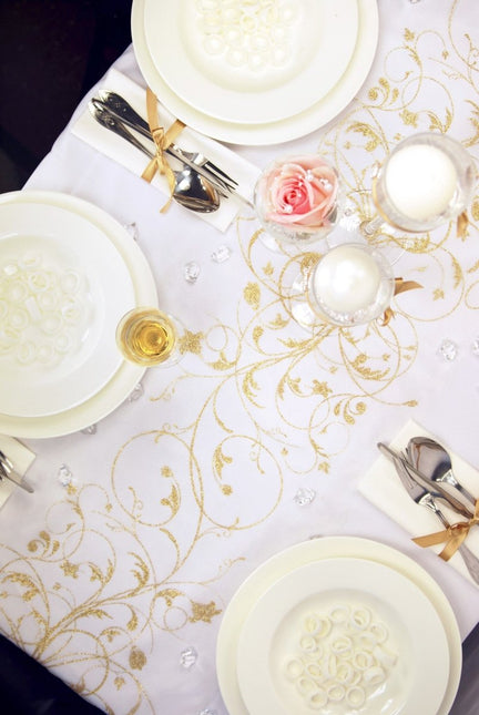 Vanille Creme Organza Stof Gouden Bloemen 36cm 9m van Partydeco koop je bij Partywinkel