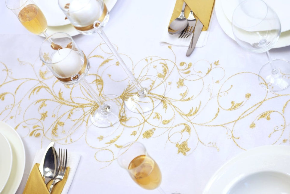 Vanille Creme Organza Stof Gouden Bloemen 36cm 9m van Partydeco koop je bij Partywinkel