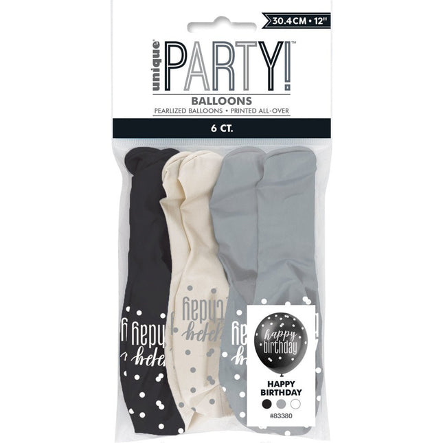 Verjaardag Ballonnen Happy Birthday Stippen Zwart 30cm 6st van Unique koop je bij Partywinkel