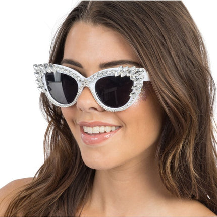 Gafas blancas de ojo de gato con pedrería, 15 cm