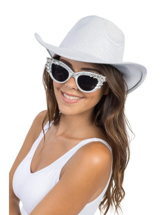Gafas blancas de ojo de gato con pedrería, 15 cm
