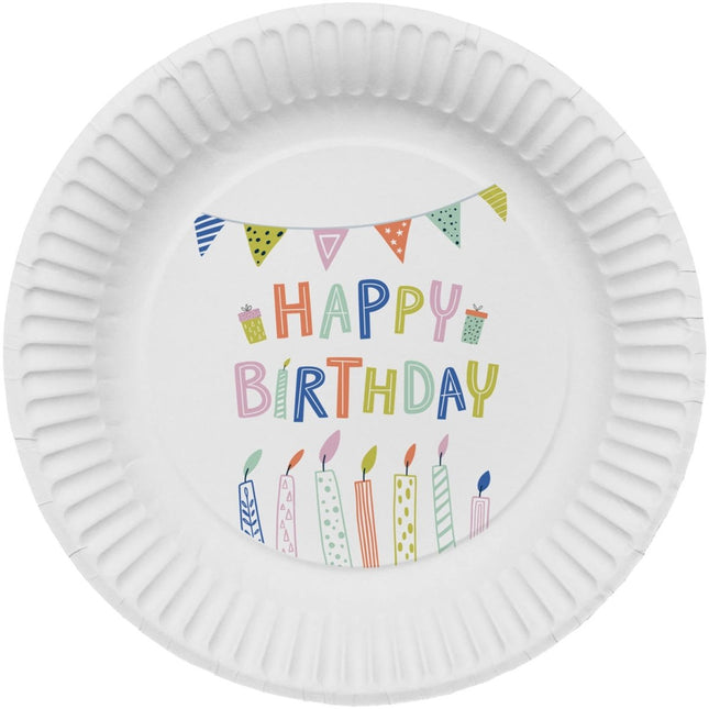 Witte Borden Happy Birthday 23cm 8st van Folat koop je bij Partywinkel