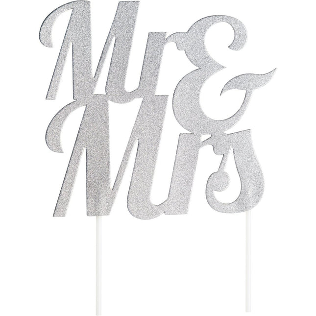 Zilveren Bruiloft Taarttopper Mr & Mrs 23cm van Creative Converting koop je bij Partywinkel