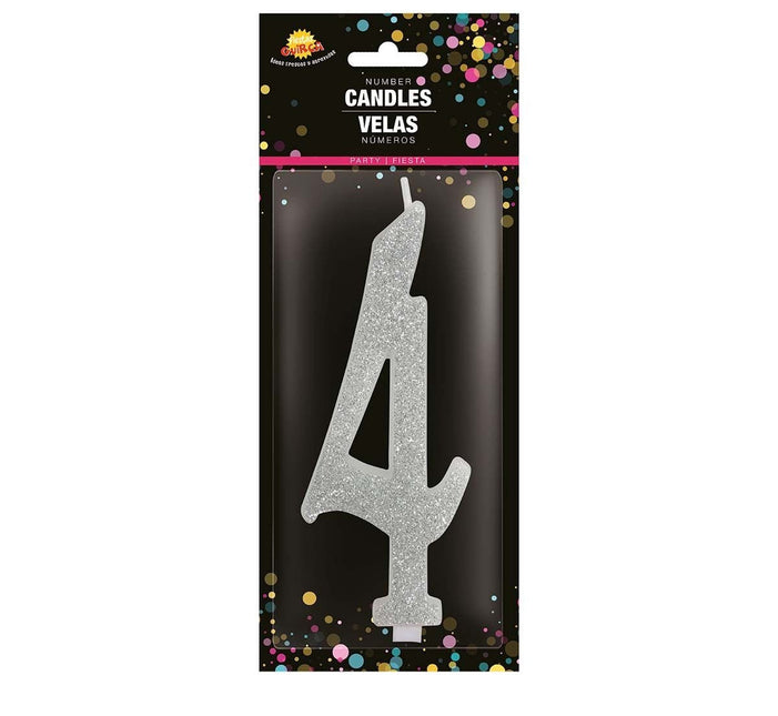 Zilveren Kaars 4 Jaar Glitter 12,5cm van Fiestas Guirca koop je bij Partywinkel
