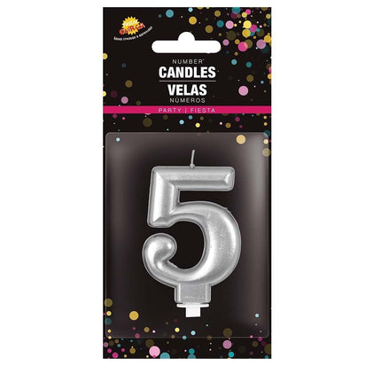 Zilveren Kaars 5 Jaar Metallic 8cm van Fiestas Guirca koop je bij Partywinkel