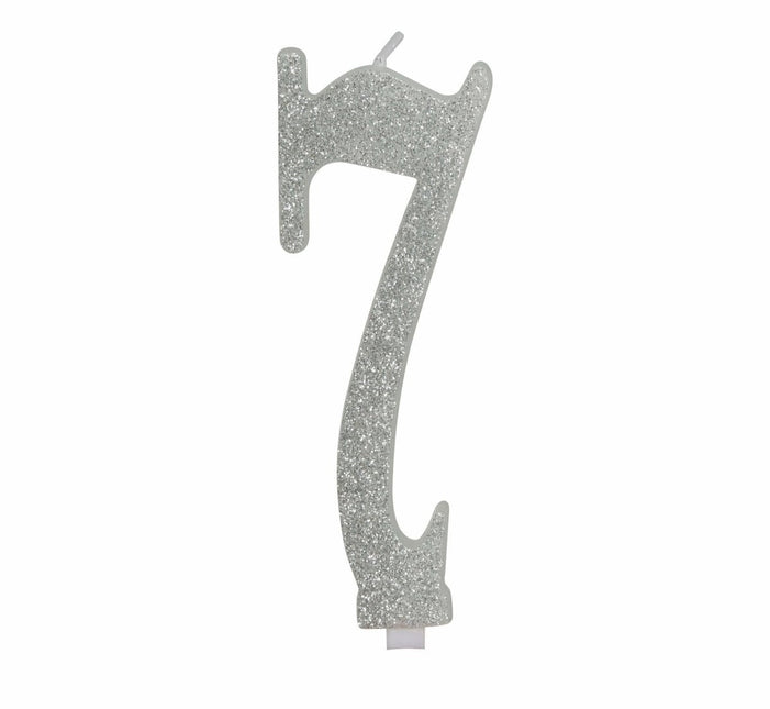 Zilveren Kaars 7 Jaar Glitter 12,5cm van Fiestas Guirca koop je bij Partywinkel