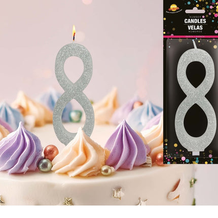 Zilveren Kaars 8 Jaar Glitter 12,5cm van Fiestas Guirca koop je bij Partywinkel
